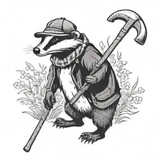badger stood up wearing a black and white football scarf and a flat cap holding a walking stick tattoo design idea