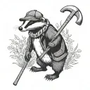 badger stood up wearing a black and white football scarf and a flat cap holding a walking stick tattoo design idea
