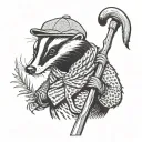 badger stood up wearing a black and white football scarf and a flat cap holding a walking stick tattoo design idea