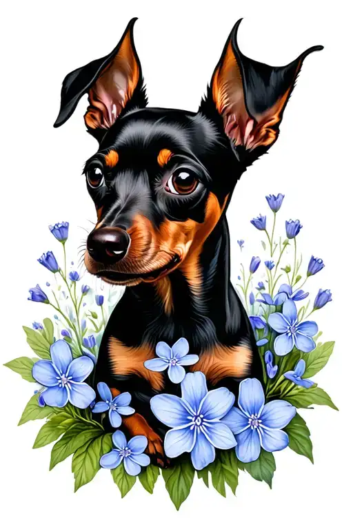 miniature pinscher surrounded by forget me not flowers tattoo design idea