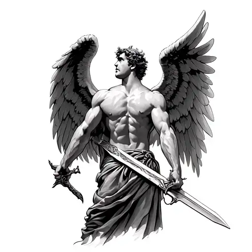 Back tattoo of a muscular male angel holding a sword in centre and opening it's wings and looking up gloriously tattoo design idea