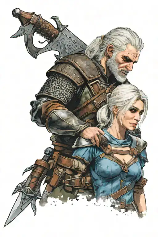 Cirilla and Geralt from Witcher 3. Coloured tattoo design tattoo design idea