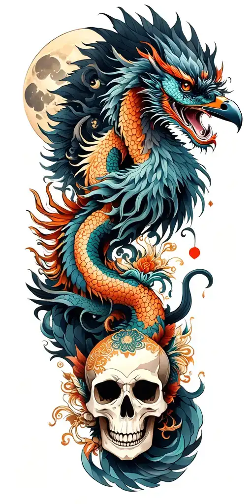 Chinese dragon and phoenix and skull and moon and raven tattoo design idea