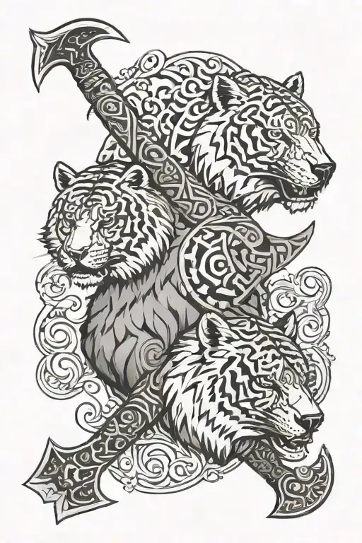two Viking axes with a pattern on the handle, one depicts a bear and the other a tiger tattoo design idea