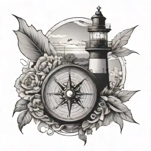 compass and lighthouse surrounded tattoo design idea
