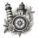 compass and lighthouse surrounded tattoo design idea