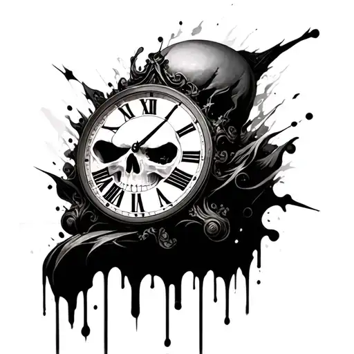 Skull with roman numeral clock melting tattoo design idea