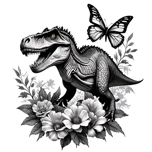 mens full sleeve tattoo with a dinosaur, flowers and butterflies tattoo design idea