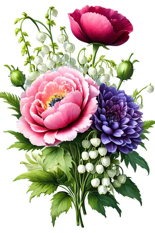 poppy, ranunculus, peony, dahlia and lily of the valley tattoo design idea
