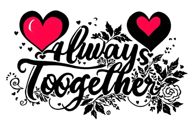 a landscape design: four heart at the top then below it is a cursive phrase saying "always together tattoo design idea