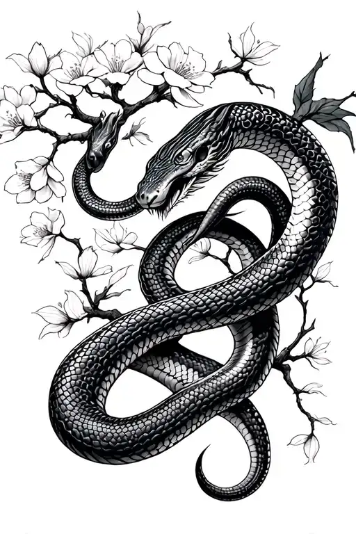 snake chery blossom tree tattoo design idea