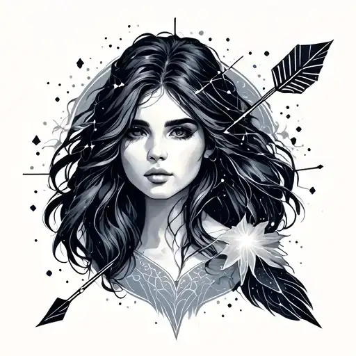 Sagittarius arrow with constellation surrounded feminine  tattoo design idea