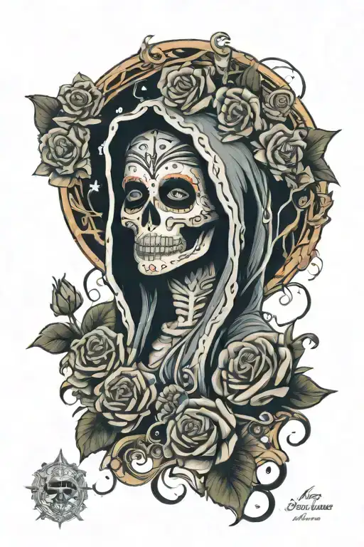 Santa Muerte surrounded by mystical tattoo design idea