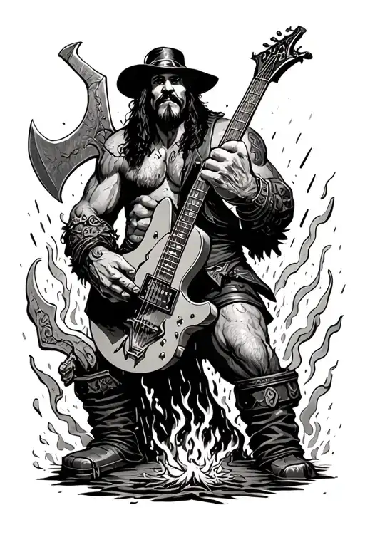 Lemmy with a guitar is fighting a viking with an axe on a hand of a giant dwarf in stone and there's a rain of fire tattoo design idea