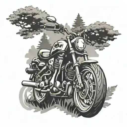 A tattoo design of a motorcycle riding through a forest with the words 'ride or die' to symbolize your love for adrenaline, nature, and loyalty to your family tattoo design idea