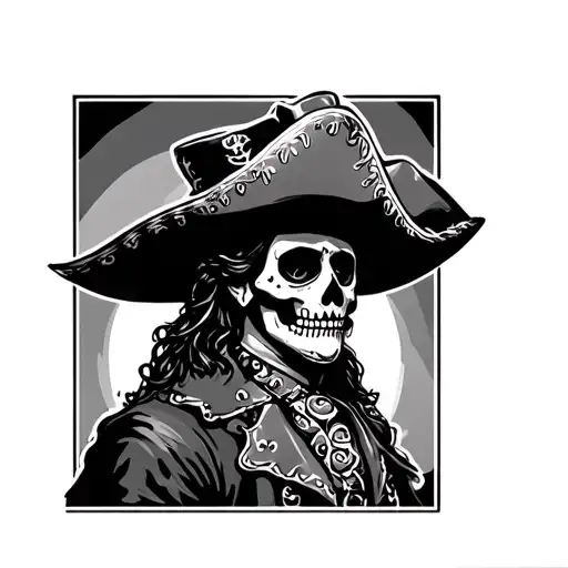 day of the dead pirate king wearing large hat facing sideways tattoo design idea