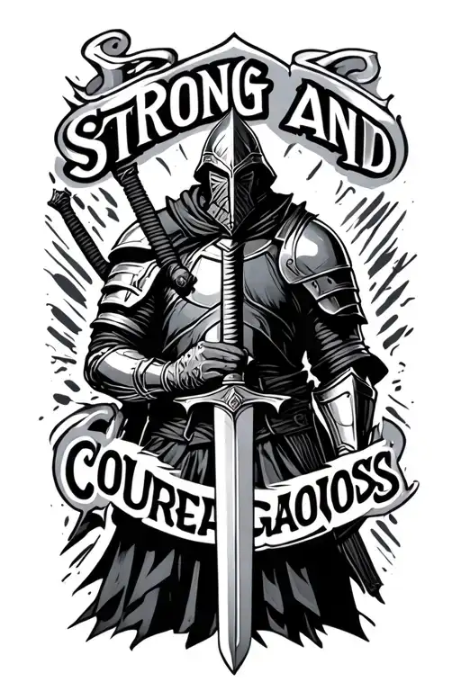 "strong and courageous " loin behind a knight holding a sword tattoo design idea