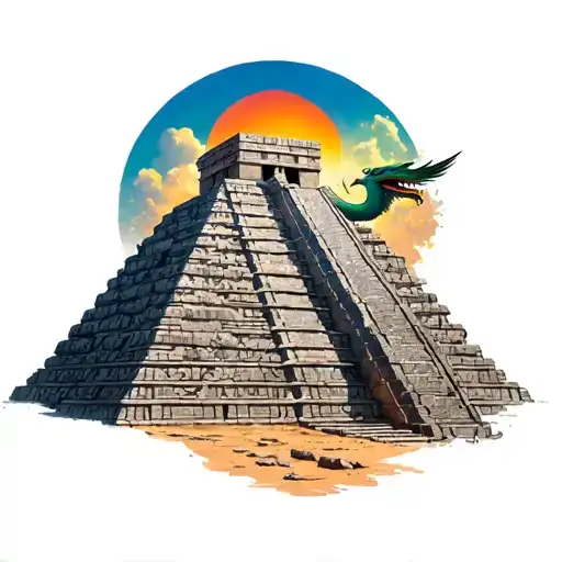 A Mayan pyramid where Quetzalcoatl comes out surrounding the pyramid tattoo design idea