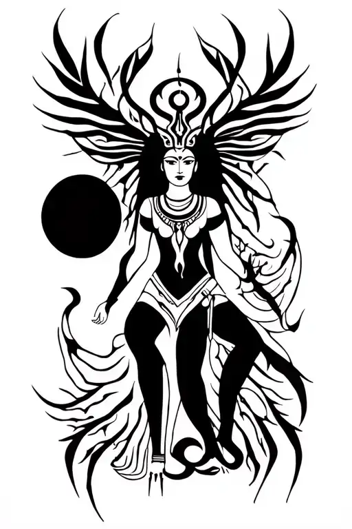 leg sleeve design of anansi on front thigh and goddess Ala on calf tattoo design idea