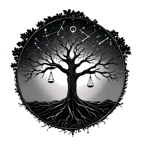 tree of life with Libra and taurus constellation tattoo design idea