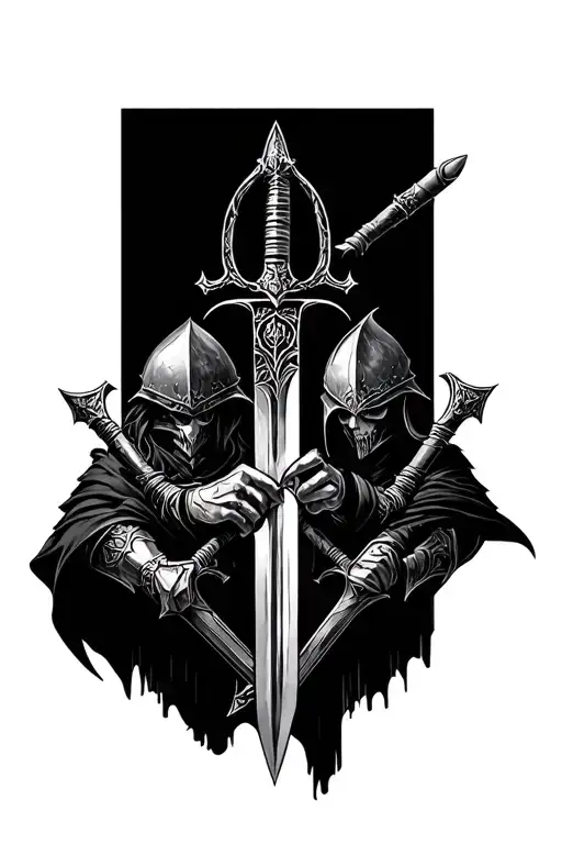 make a gothic tattoo that has that has elements of dark souls and knights and swords that go onto the fingers tattoo design idea