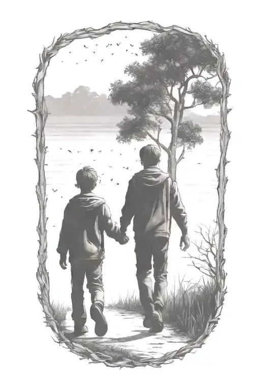 siloutte of an older brother and younger brother walking away holding hands with a gum tree tattoo design idea