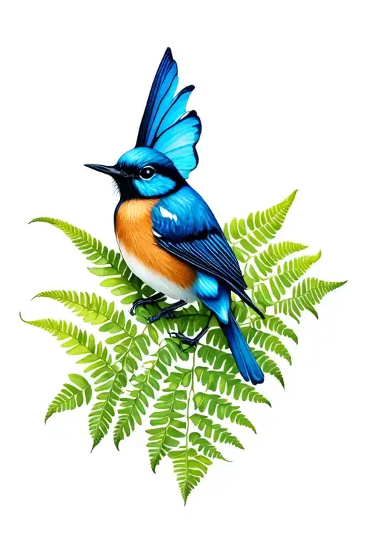 blue fairy wren and fern leaf tattoo design idea