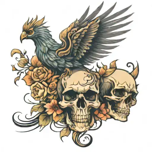 phoenix flying out of a skull with flowers intertwined tattoo design idea