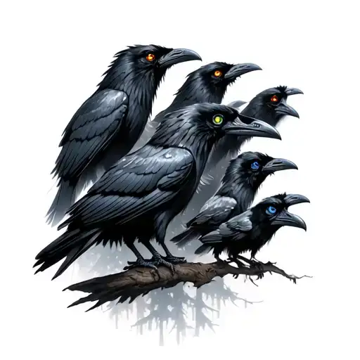 9 Odin's ravens, with different colored eyes, Nordic runes on their body, and flying over a dark forest tattoo design idea