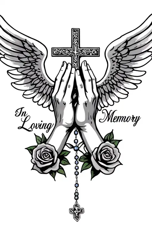 "In Loving Memory" "In Loving Memory" "In Loving Memory" "In Loving Memory" Praying Hands, Rosary beads intertwined with cross, Wings, Realism, Rose tattoo design idea