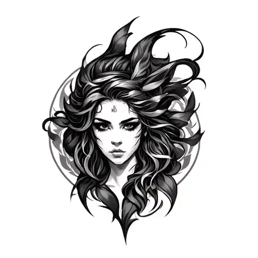 Black and grey tattoo of Makima with a seductive and commanding aura, detailed shading, smooth gradients, mysterious  tattoo design idea