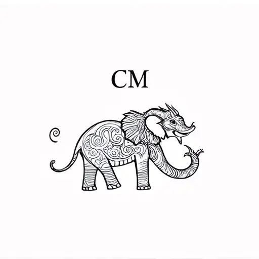 I want a line style tattoo that incorporates an elephant, dragon(s), and my kids initials - C and M tattoo design idea