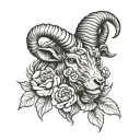 a firey Aries rams head with flowers tattoo design idea