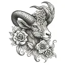 a firey Aries rams head with flowers tattoo design idea