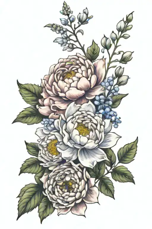 Mums, Peony, Water Lily, Larkspur, Lily of the Valley, Hawthorn tattoo design idea