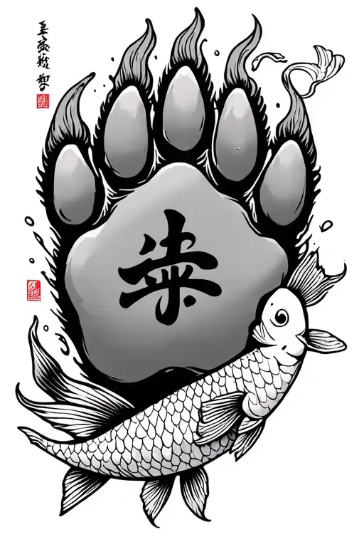 Dog paw with ikigai kanji and aeternum phrase written and a koi fish tattoo design idea