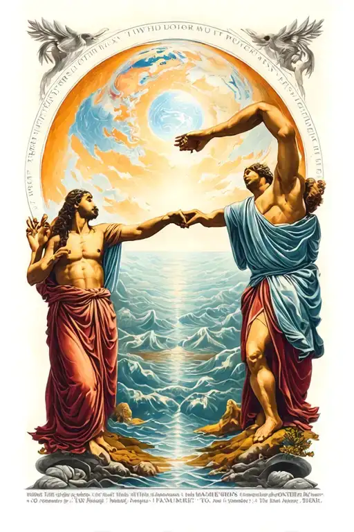 Can you take inspiration from painting bearing the name "The creation of the world" in an old school style based on the tato tattoo design idea