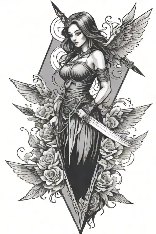 a triangle that is turned upside down, and inside it is a beautiful girl with wings and the sword of fate. tattoo design idea
