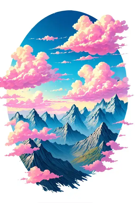 A serene landscape tattoo featuring pink clouds floating over majestic mountains, symbolizing the beauty of nature and the peacefulness of the sky tattoo design idea