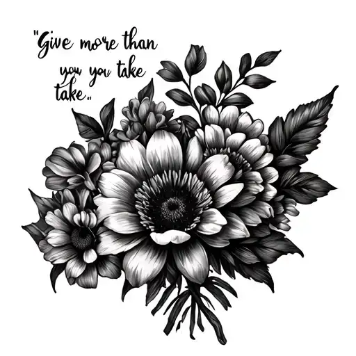 Draw me a fine like tattoo of a bouquet of flowers and a quote that say give more than you take  tattoo design idea
