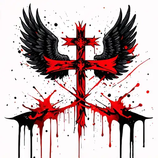 cross with wings spread with banner wrapped tattoo design idea