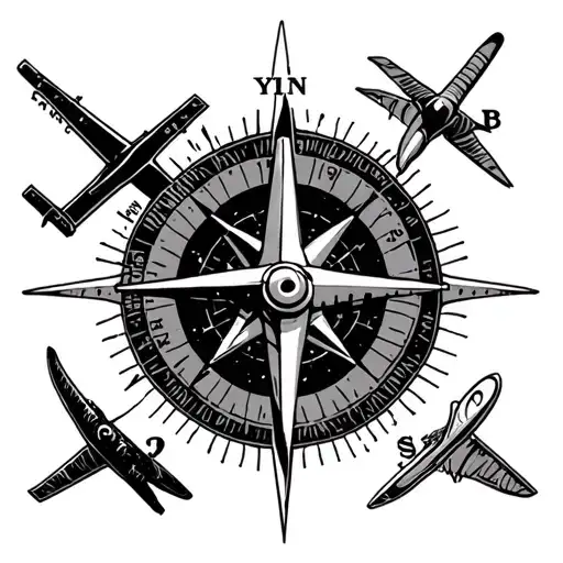 compass rose with overview of airplane as pointer finger tattoo design idea