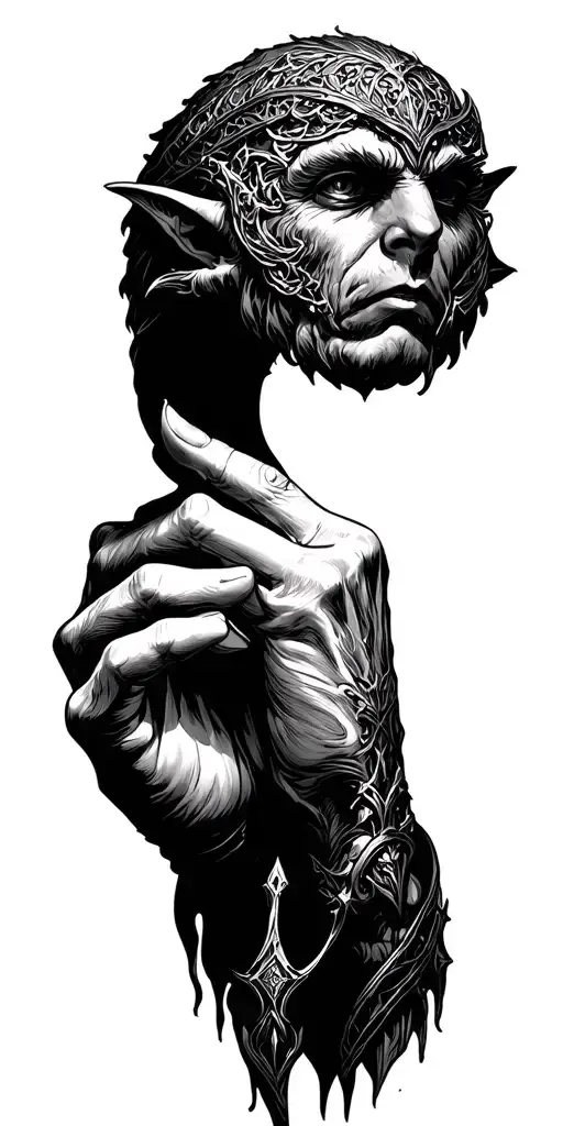 Lord of the Ring sauron elf holding the ring finger tattoo design idea