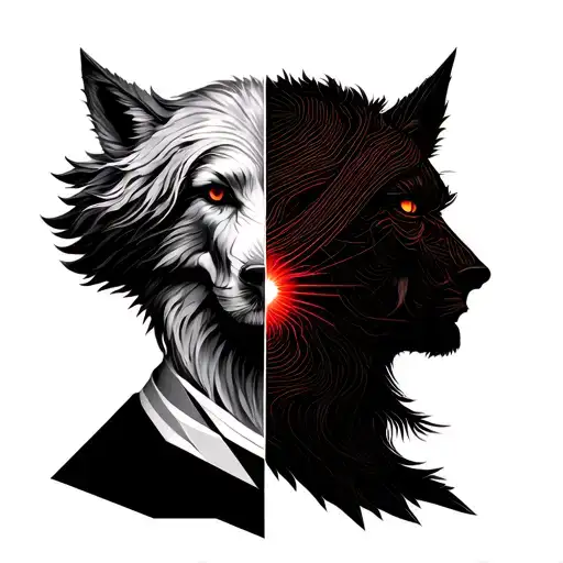 woolf head split into two personalities good vs bad, create animal logo emblm tattoo design idea