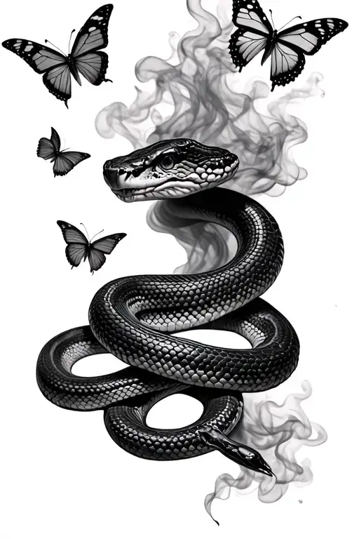 a snake and lots of butterfly's with smoke coming tattoo design idea