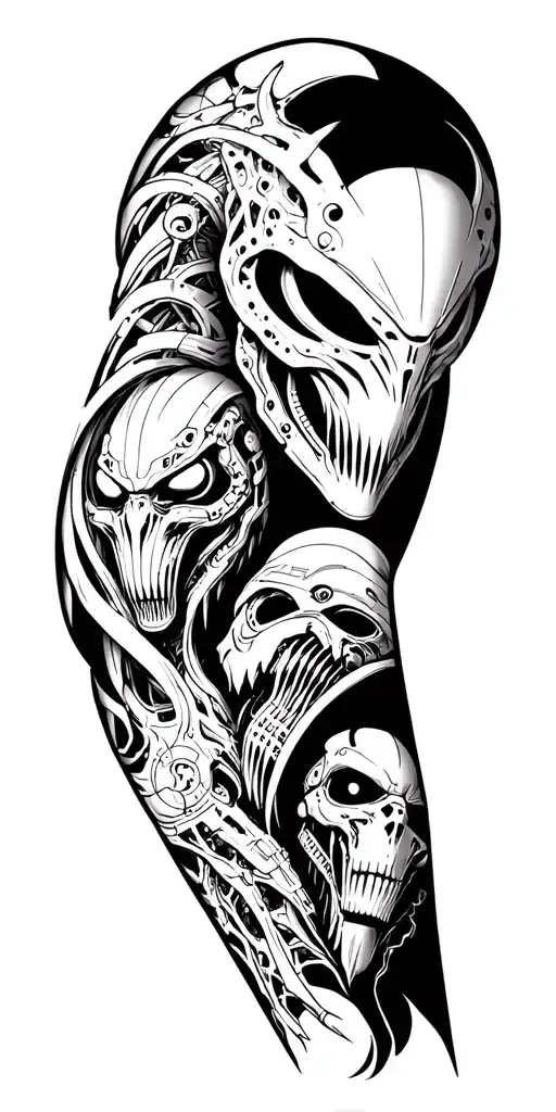 Design full arm sleeve tattoo biomechanical style incorporating alien and predator characters with several characters as tattoo design idea