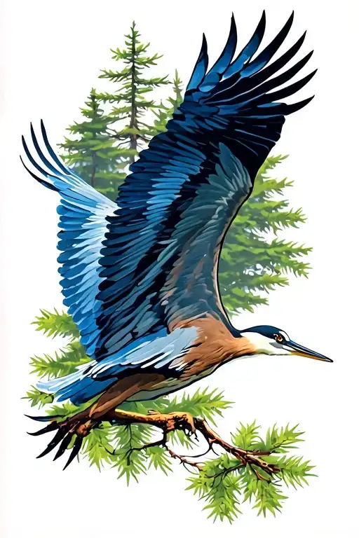 longleaf pine trees and blue heron bird flying in piedmont  back tattoo tattoo design idea
