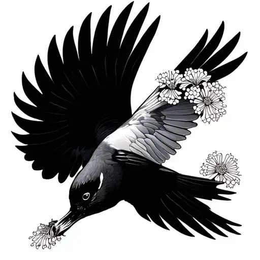 magpie flying with yarrow flowers  tattoo design idea