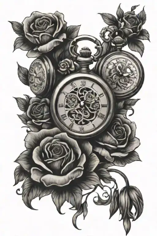 3 pocket watches surrounded by flowers intertwined tattoo design idea