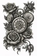 3 pocket watches surrounded by flowers intertwined tattoo design idea
